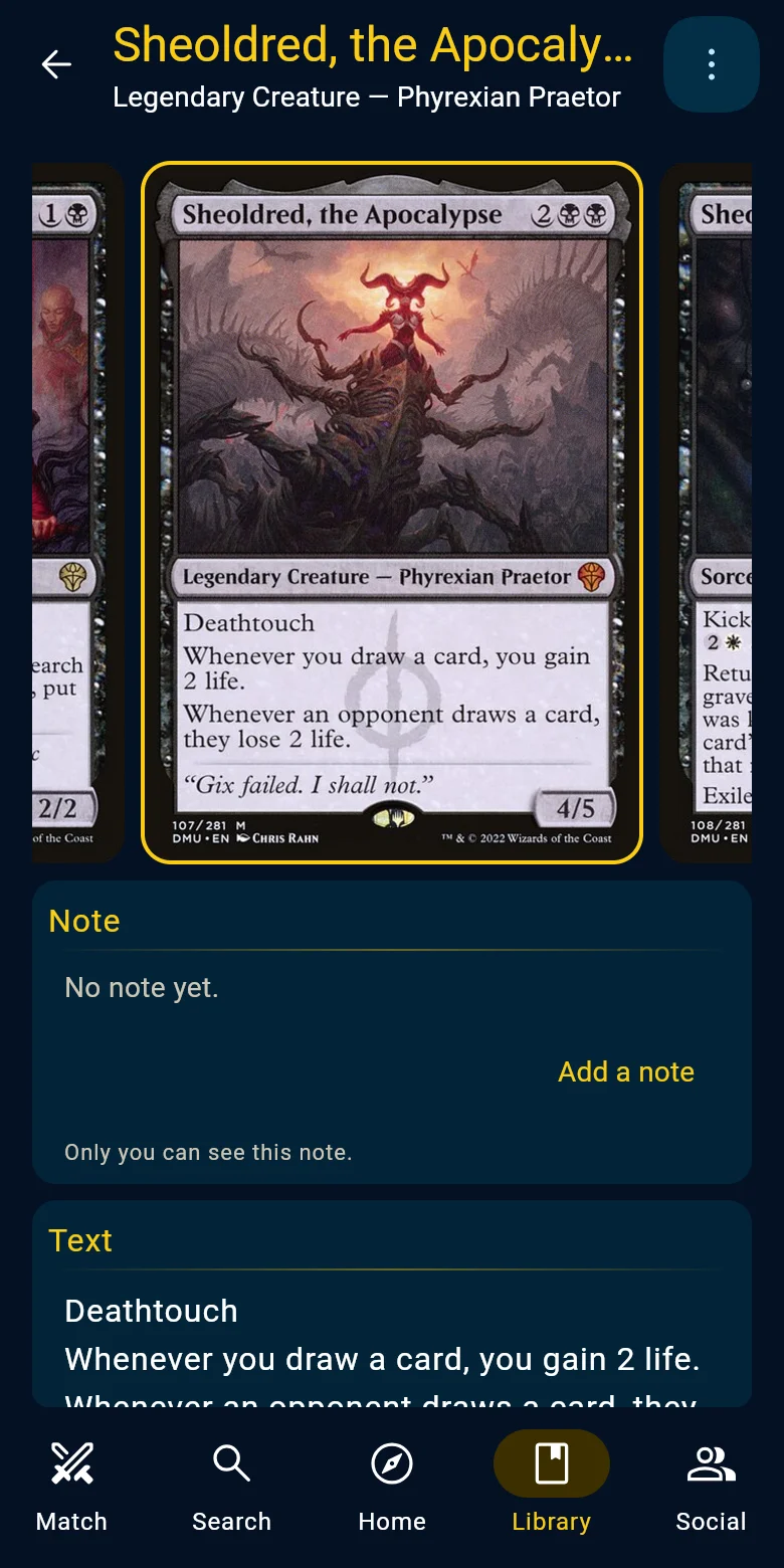 A card's page on a phone
