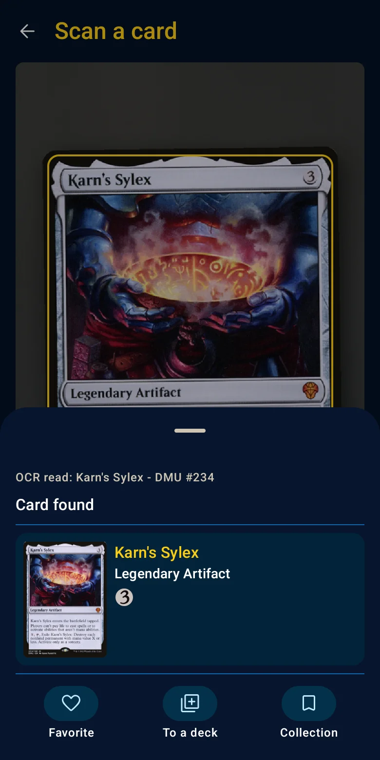 The recognized card, ready to add