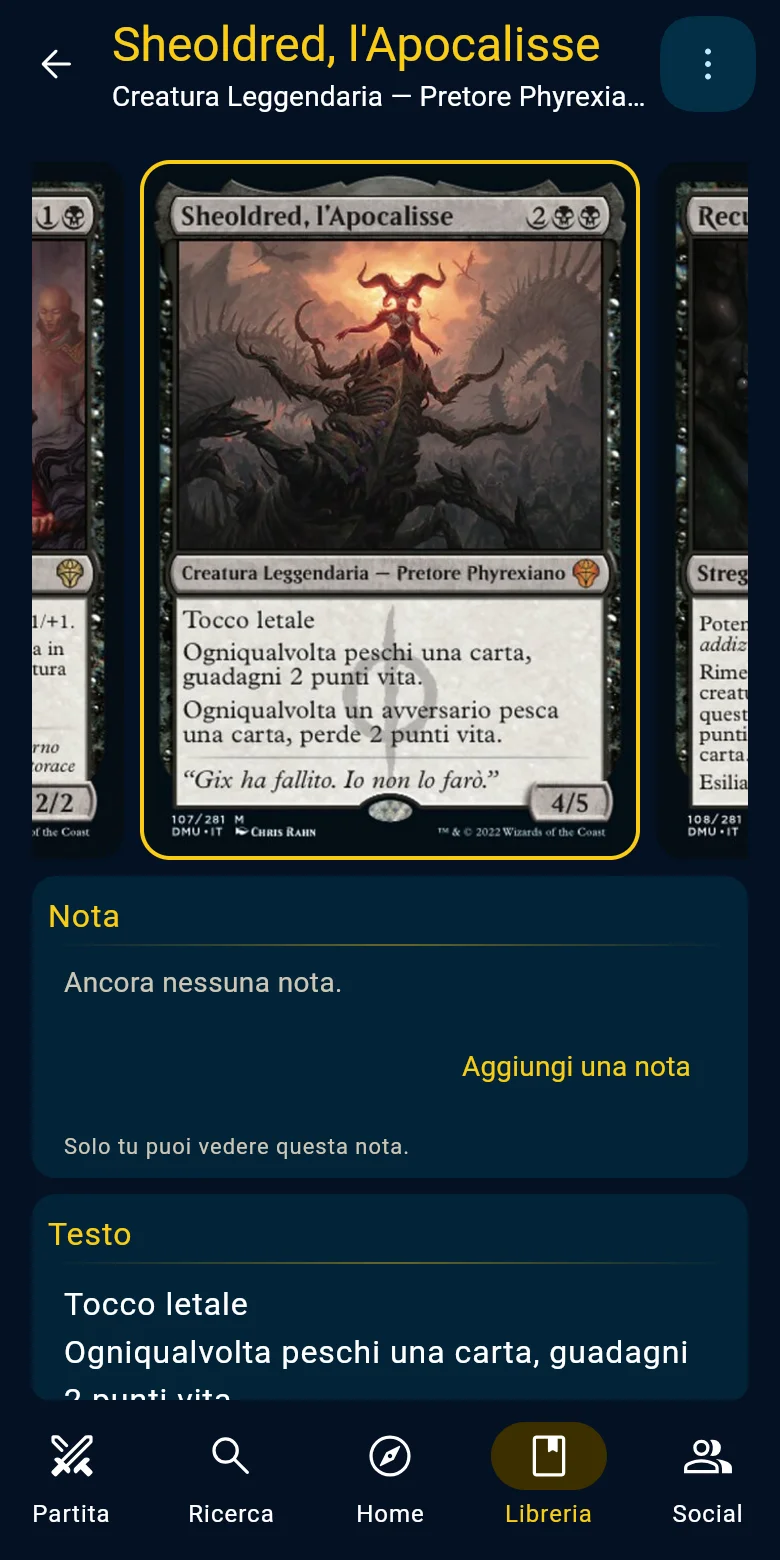 La scheda di una carta sul telefono